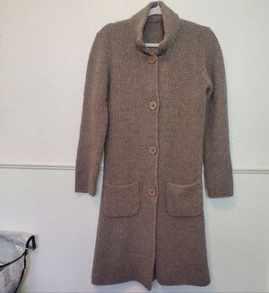 Long Cardigan Button Front Heavy Crochet Knit Dark Taupe Brown Sz L Wool
